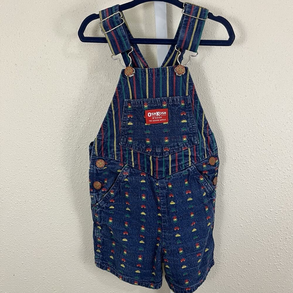 Vintage OshKosh B’Gosh Shortalls Kids 3T Denim Cars Striped Overalls 90s